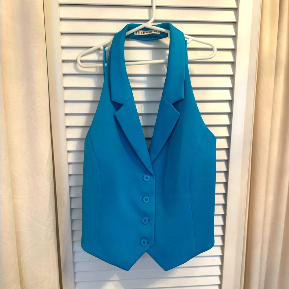 Alice and Olivia size 4 turquoise halter tuxedo style vest shirt cropped small